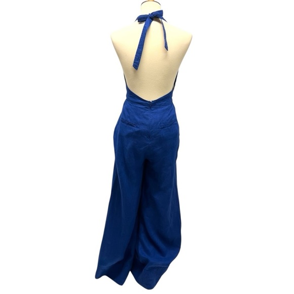 Farm Rio Blue Linen Halter Back Wide Leg Pleated Jumpsuit Women’s XS - Picture 6 of 16